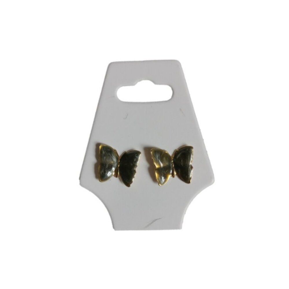 Gold Toned Green Gray Shimmery Enamel Butterfly Shaped Stud Fashion Earrings